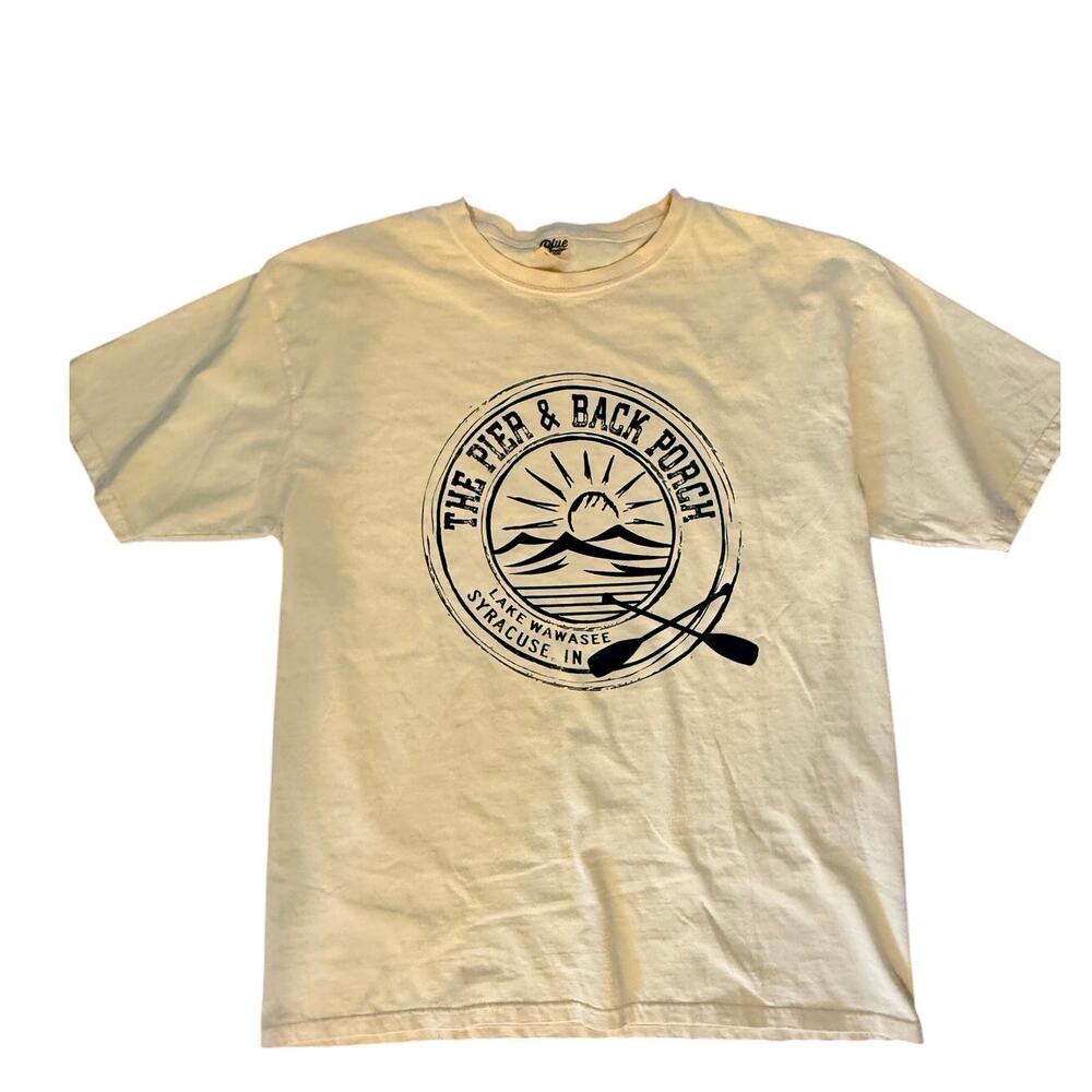 Blue 84 Brand The Pier and Back Porch Lake Wawasee Yellow T Shirt Size Large EUC